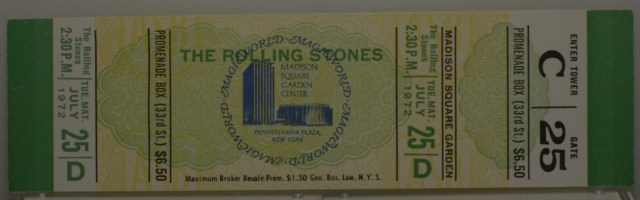From my personal collection, an unused ticket for the second of the Stones' three-night stand at MSG, on their iconic '72 U.S. tour. From the archive of a ticket manufacturer affiliated with MSG's box office.