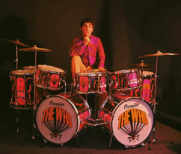 Keith Moon builds a Premier fort of drums, circa 1967.