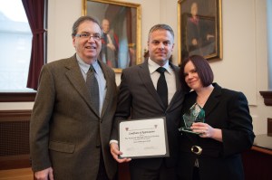 A+ IS FOR AMANDA: Our gal Amanda Nichols receives a community service award for her work with Crash Safely; she's joined by fellow rocker Gene Dante and Jeffrey S. Flier, Dean of the Faculty of Medicine at Harvard University (he may rock too for all we know!)