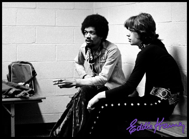 Jimi and Jagger: Two rock & roll titans backstage at Madison Square Garden, 1969, where the Stones were performing. Jimi rang up Eddie Kramer and invited him to tag along. Good thing Eddie brought his camera! Photo courtesy Eddie Kramer Archvies (go to(http://eddiekramerarchives.com) to see the photos taken that night and much more
