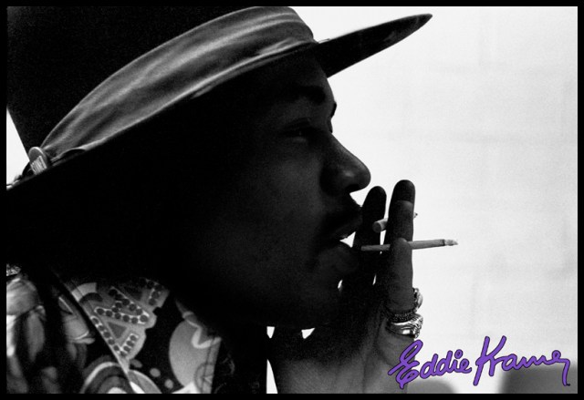 Stereophonic Smoking: Here's a cool shot Eddie Kramer took of Jimi two-fisting it in the studio with both cigarette and ciggie of the herbal variety. Inspiration comes from everywhere! Photo courtesy of the Eddie Kramer Archives