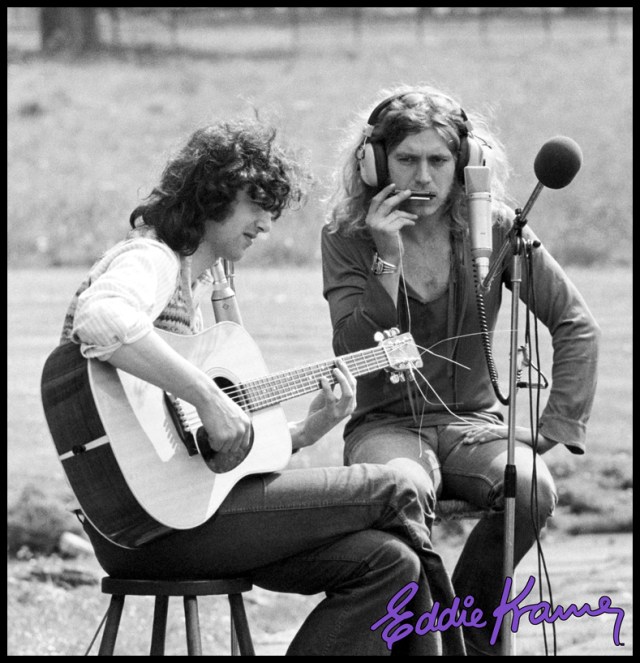 Page and Plant: Eddie Kramer's work with Led Zeppelin also extended behind the lens as well as behind the boards. Here's Zep guitarist Jimmy Page working out a song with singer Robert Plant at the Rolling Stones Mobile Recording Studio at Stargroves, Stones singer Mick Jagger's home (well, one of them anyway!). Photo kind courtesy of the Eddie Kramer Archives