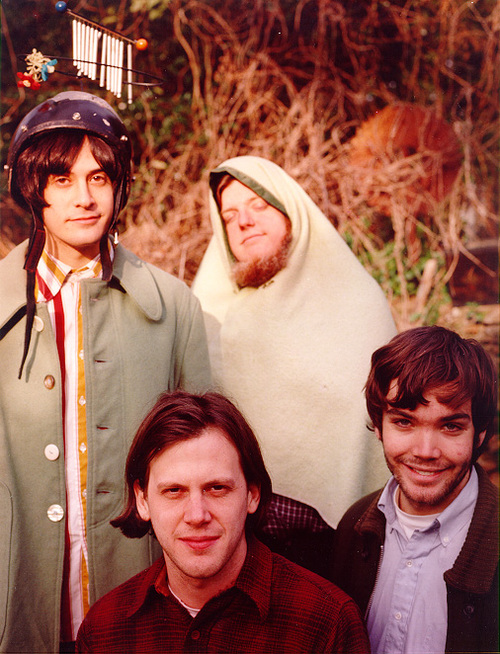 Getting ready to fly the Aeroplane: Neutral Milk Hotel in a press/publicity still  circa 1998 (Jeff Mangum piloting front and center)