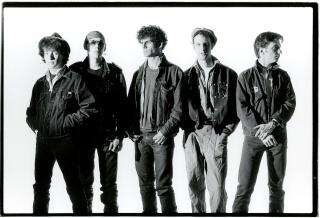 Studio portrait of Boston roots-rock band Scruffy The Cat. L to R: Mac Paul Stanfield (bass), Randall Lee Gibson (drums), Stephen Fredette (guitar), Charlie Chesterman (guitar/vocals), Stona Fitch (banjo, organ, accordion)