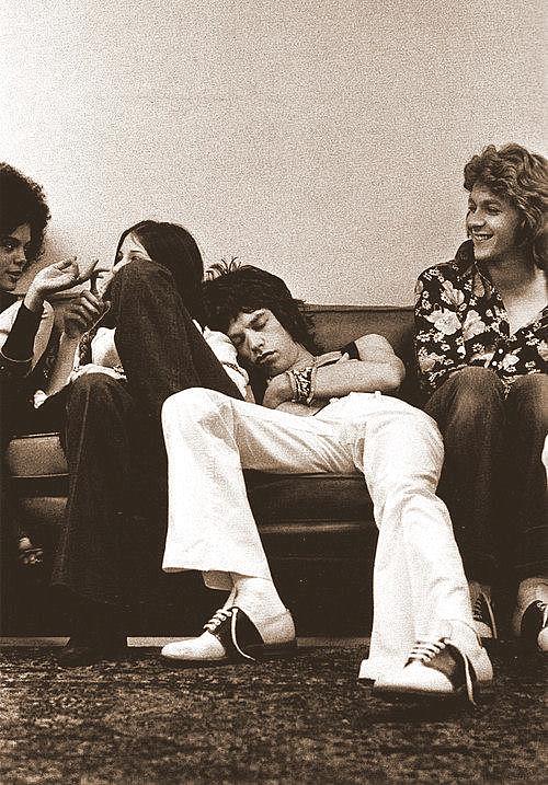 STRAY CAT NAP: 40-wink Mick catching some quick Z's with the Stones backstage between shows, somewhere along the road, 1972.