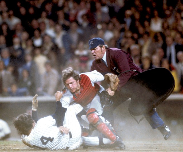 Pinella vs. Pudge: The awesome Neil Leifer photograph of the collision that began the best brawl of '76 (and, unfortunately, the worst news for pitcher Bill Lee, who's arm was yanked and severely injured by the Yankees' Graig Nettles during the fight). The image ran on the cover of Sports Illustrated at the end of May '76, when the limping Red Sox were indeed sputtering (as the cover described them), Fisk was contemplating free agency and being blamed -- along with fellow contract holdouts shortstop Rick Burleson and star centerfielder Fred Lynn -- for Boston's woes.