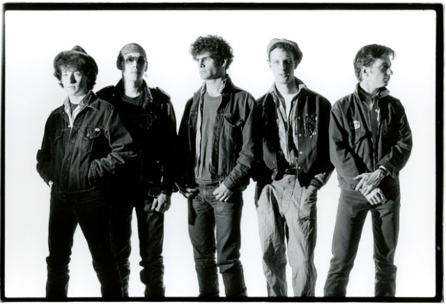 Studio portrait of Boston roots-rock band Scruffy The Cat. L to R: Mac Paul Stanfield (bass), Randall Lee Gibson (drums), Stephen Fredette (guitar), Charlie Chesterman (guitar/vocals), Stona Fitch (banjo, organ, accordion)