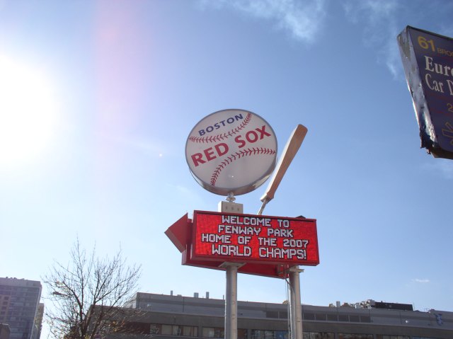 The sign I wish I could mount in my living room. The news that the Red Sox are 2007 champions, across from Fenway Park on Brookline Avenue, Boston.