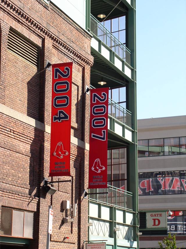 The newest additions to the Red Sox world championship banners at Fenway park, shot by me the morning after the '07 win.
